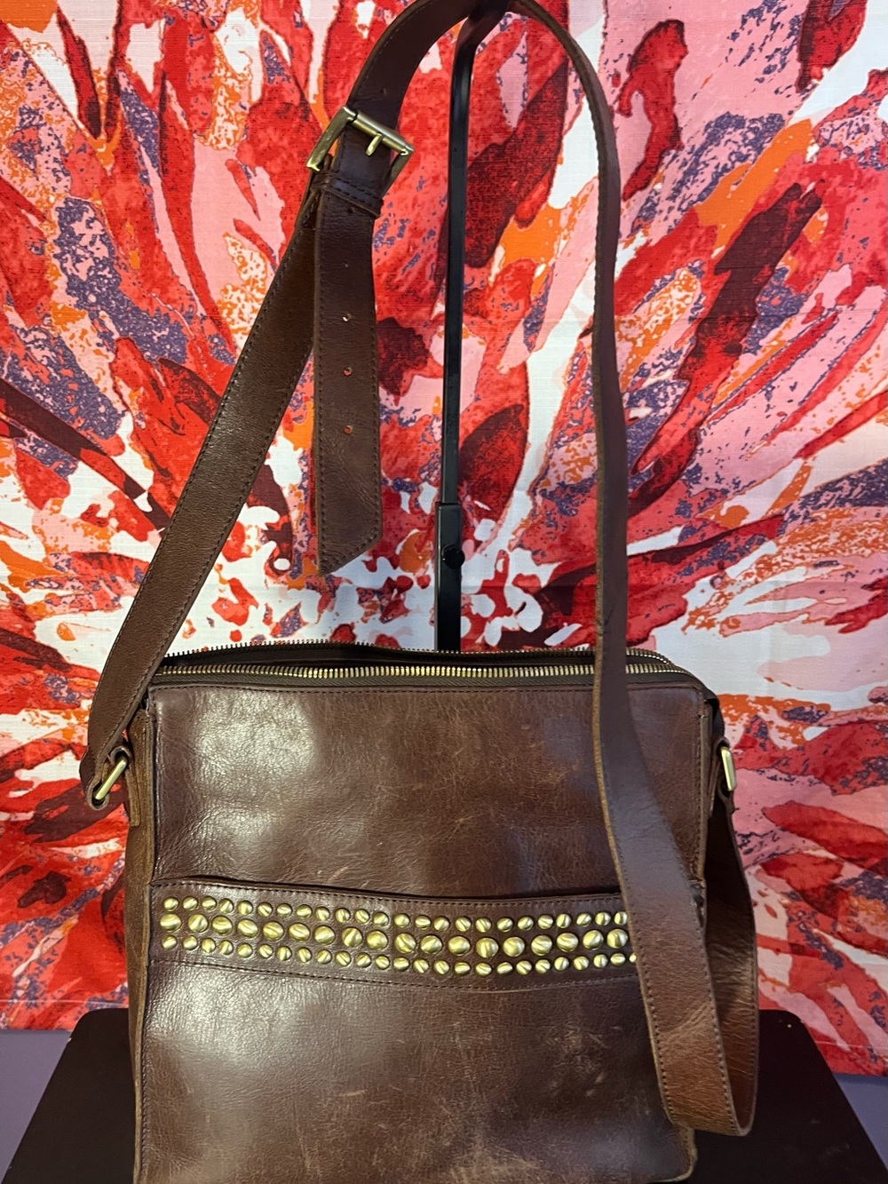 HOBO Brown Leather Crossbody with Gold Studs